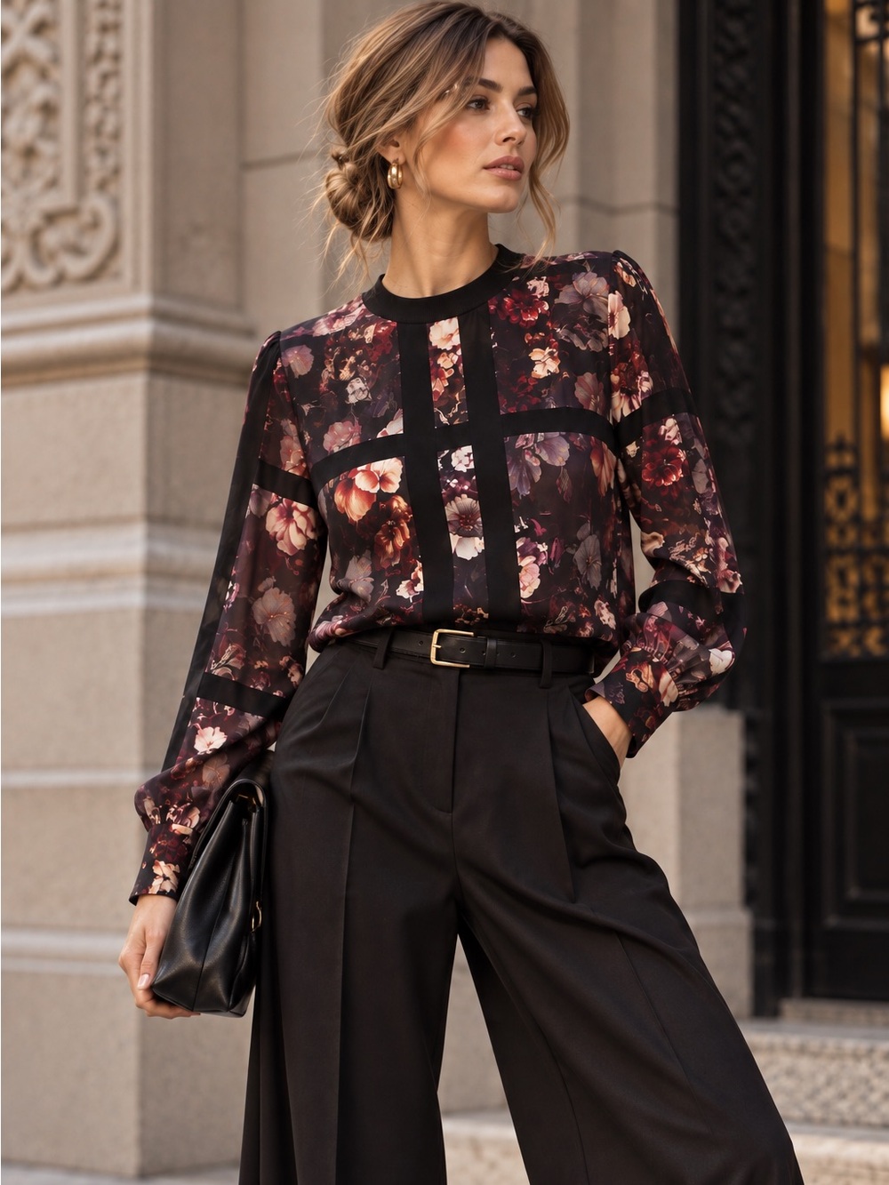 THAKOON Floral Blouse 100% Viscose Silk Lined Dark Romantic Black Burgundy